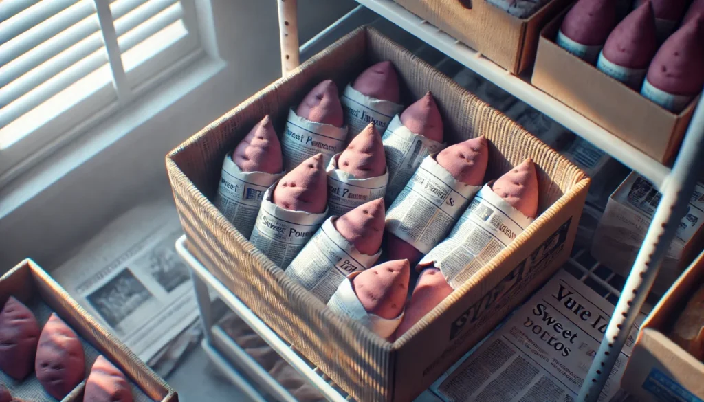 新聞紙で包むさつまいもの保存方法